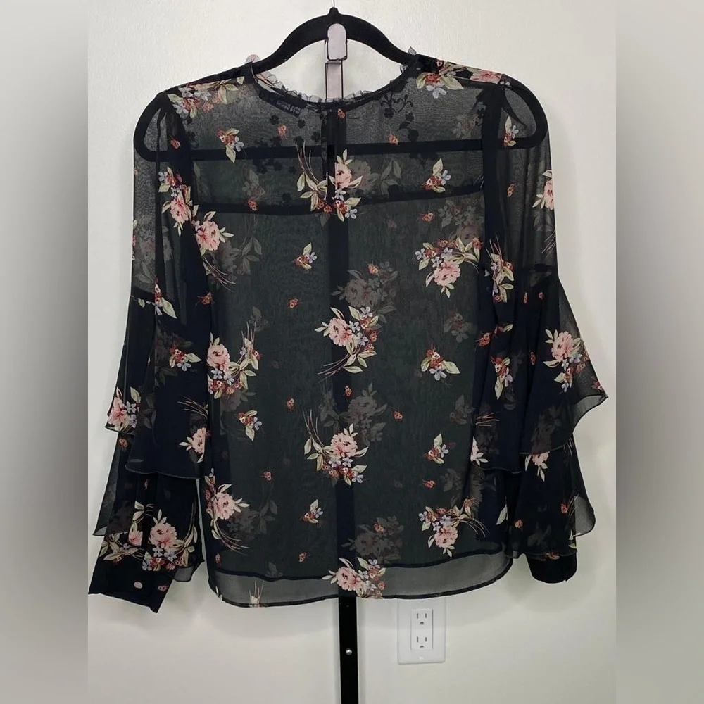 Zara Women Cut Out Flared Sleeve See Through Black Floral Blouse - Picture 2 of 9